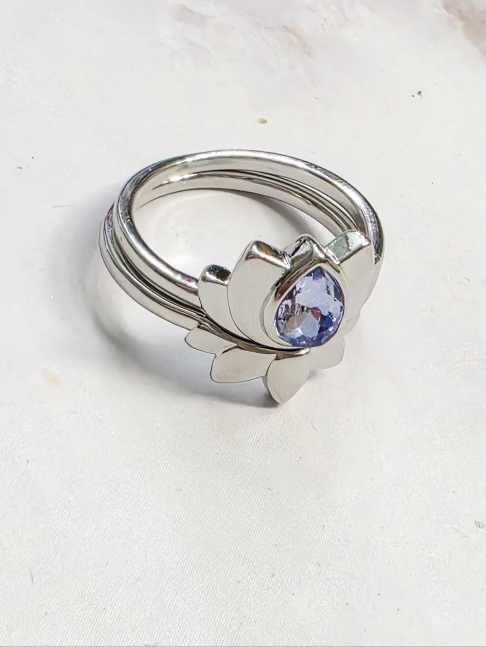 Boho Silvery Lotus Flower Ring Set | Blue Water Drop Crystal Size 8